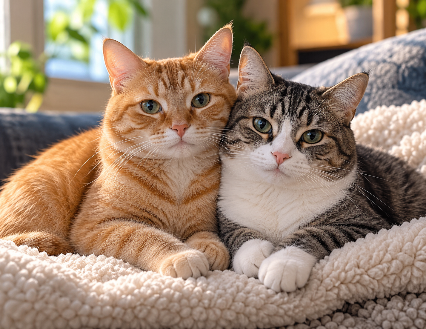 Two cats resting together on a couch