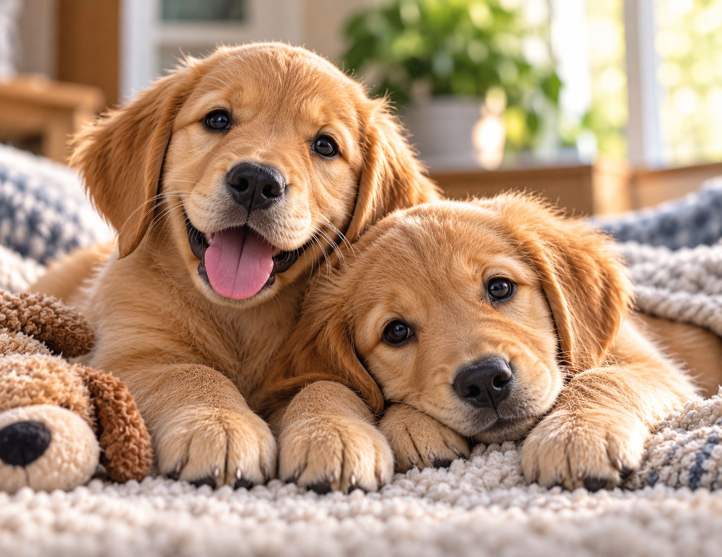Two golden retriever puppies on a blanket